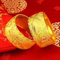 luxury 24k yellow gold plated bracelet bangle for women 30mm wide dragon phoenix bracelet bridal wedding engagment jewelry gifts