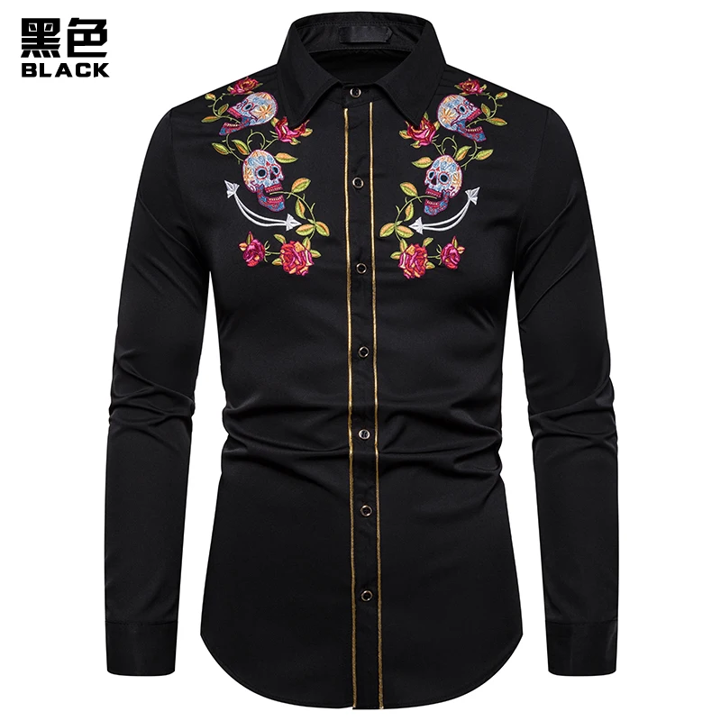 0 Black Shirt Брендовая мужская рубашка высокого качества с вышивкой черепа, рубашка, приталенная Повседневная ковбойская рубашка с длинными рукавами, европейские размеры, рубашки размера XXL - Цвет: 0 Black Shirt
