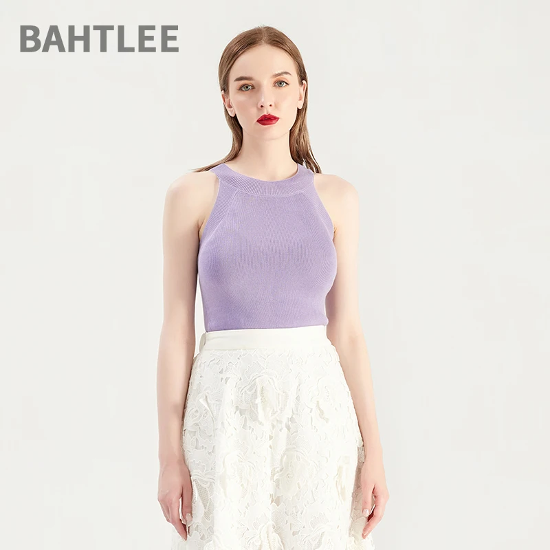 BAHTLEE Summer Women Tanks Camis T-Shirt Tencel Sleeveless O-Neck Pullovers Sptriped Knitted Sweaters Ventilation High Elasticit