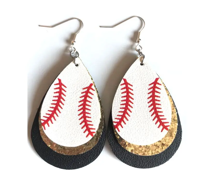 Модные 3D бейсбольные трехслойные серьги капельки из искусственной кожи для