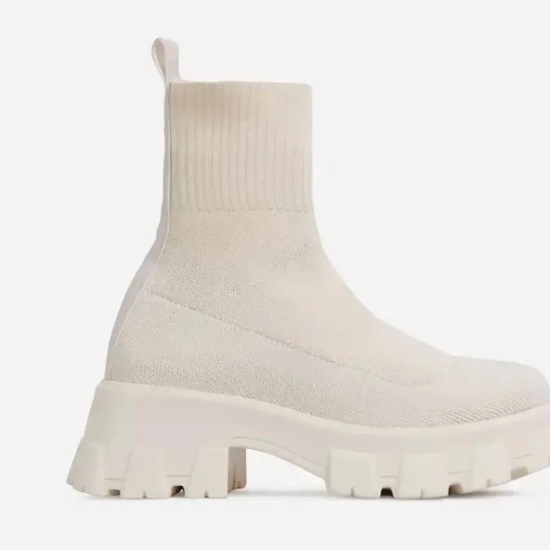 

Новые осенне-зимние красные ботинки-носки на платформе с массивной подошвой из стрейчевой ткани женские байкерские ботинки челси до середи...