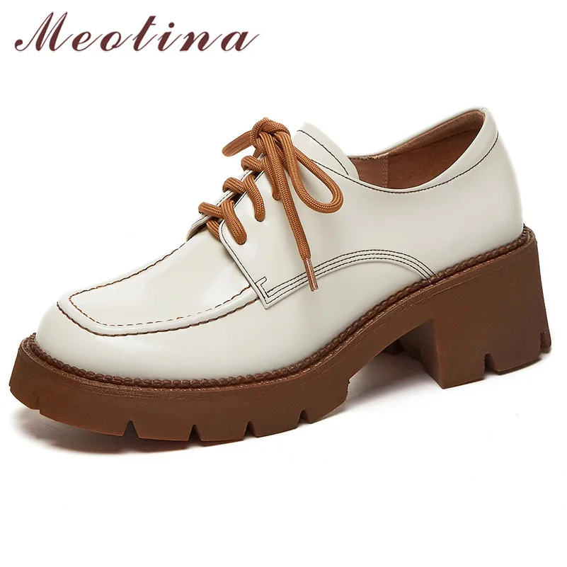 

Meotina Sheepskin High Heel Shoes Women Real Leather Platform Chunky Heels Pumps Cross Tied Shoes Female Footwear Spring White