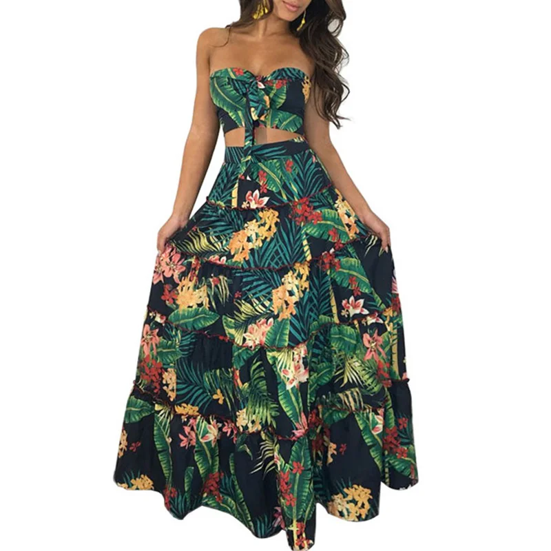 

Sexy Strapless Sleeveless Beach Wear Two Piece Summer Dresses for Women 2018 Floral Print Boho Bow Long Maxi Dresses Ball Gown