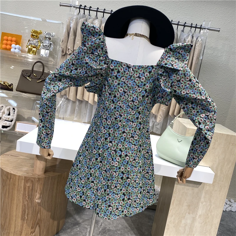 

Brand Original Design Fresh Girl Daisy Print Flounce Dress In Early 2021 Temperament Super Immortal Square Collar A-word Dress