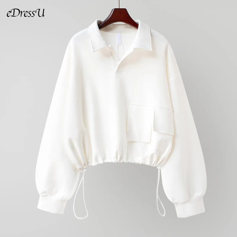 

eDressU 2021 Spring Sweatshirt Polo Hoodies Woman Loose Drawstring Pullover Korean Short Jumper Casual Tops Daily Wear XMM-863