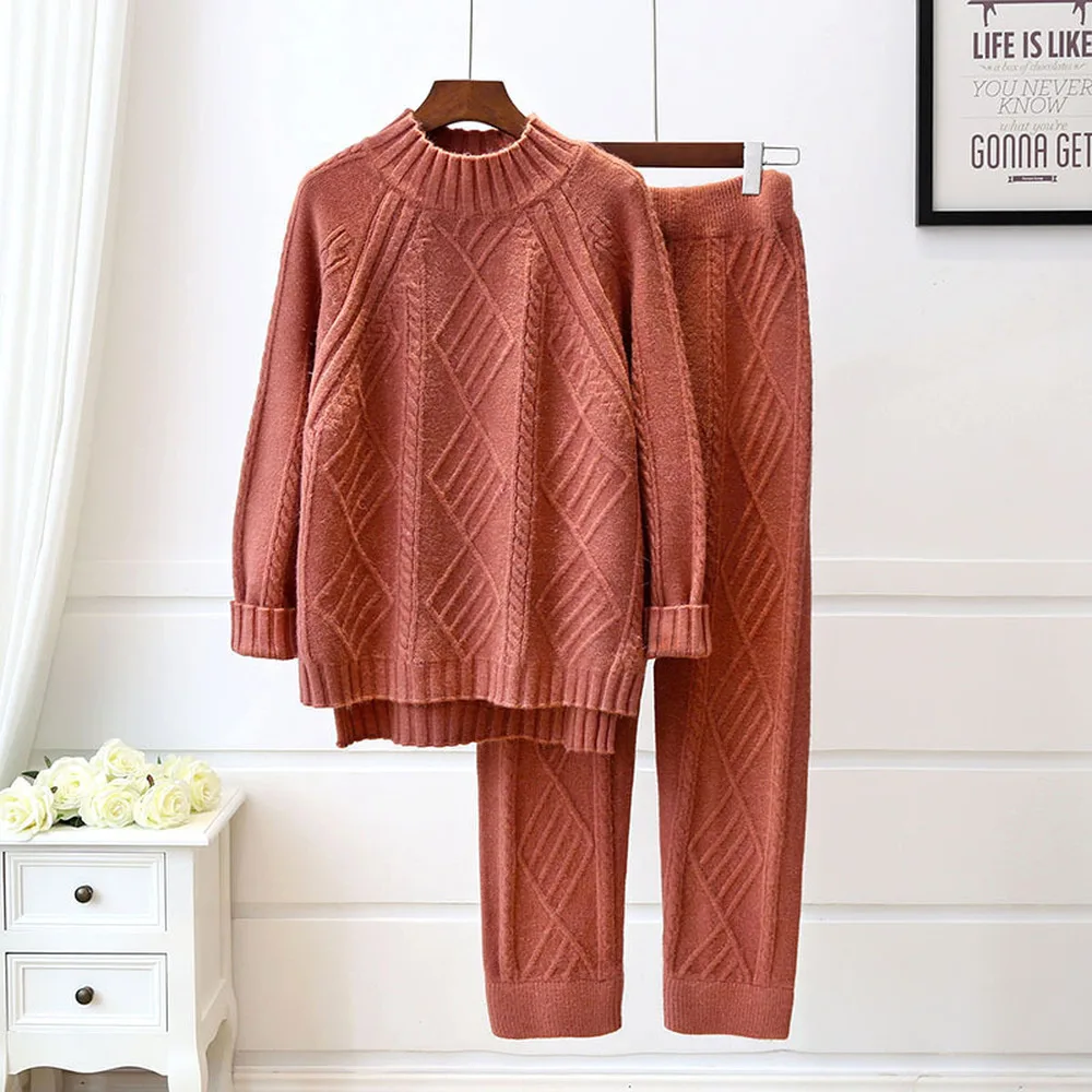 Осенний и зимний костюм 2019 новый модный свободный свитер Тонкие штаны вязанный