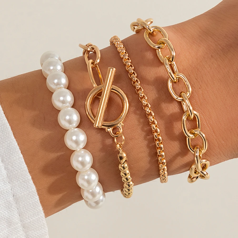 

IngeSight.Z Vintage Imitation Pearl Bracelets Bangles Multi Layered Gold Color Toggle Lasso Chunky Bracelets for Women Jewelry