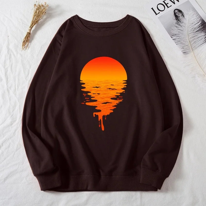 

Sunset Print O-Neck Hoodless Tops Autumn Women Casual Long Sleeve Pullovers Female Graphic Sweatshirts Ladies Loose Sportswear