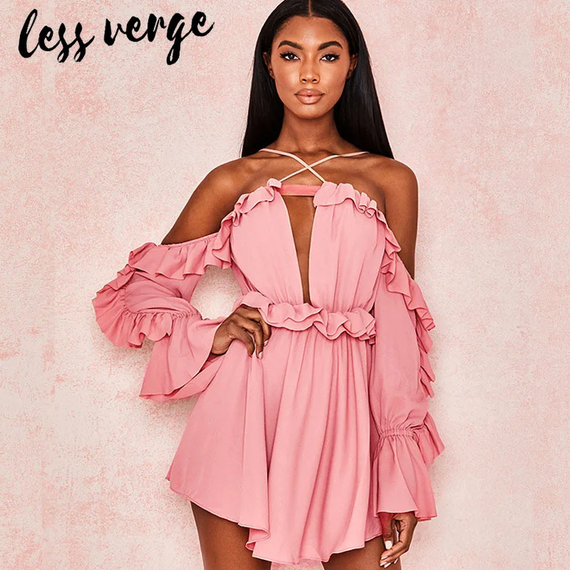 Lessverge элегантное шифоновое платье с рюшами розового цвета для женщин открытой