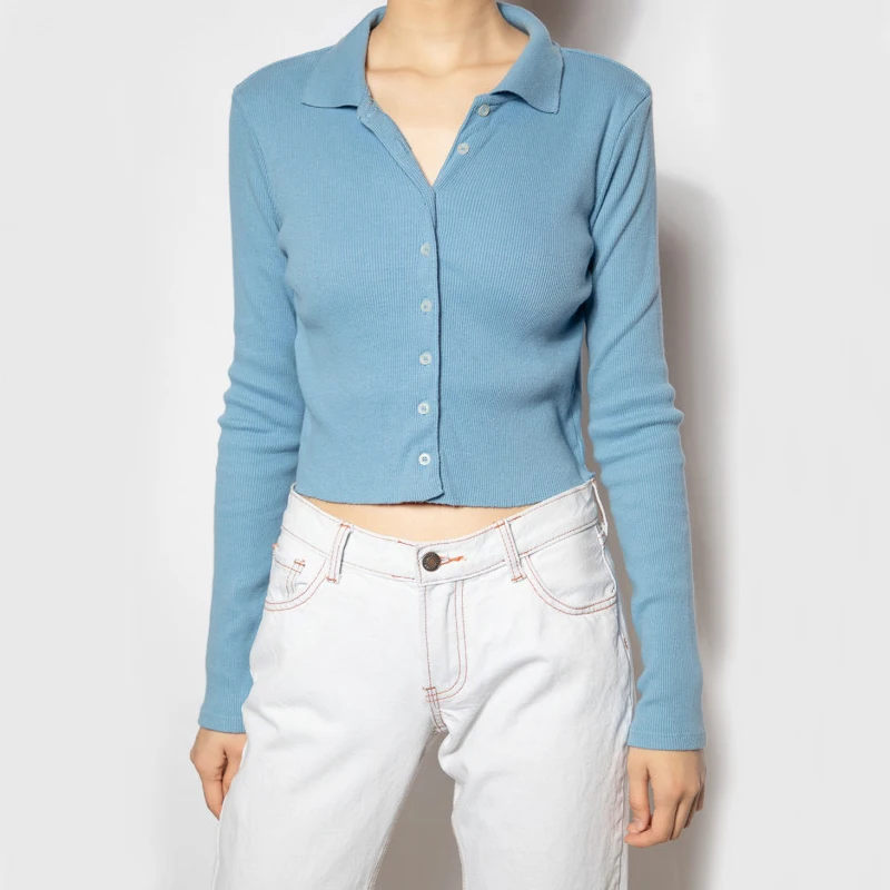 

Women Spread Collar Crop Cardigan Knit Top Sweater