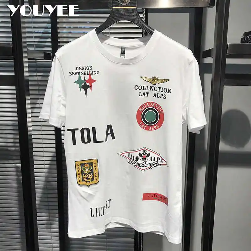 

O-neck Sleeve Short T-Shirt Men's Mercerized Cotton 2021 Summer New style Trend Slim Handsome Badge Printing Male Top Clothes