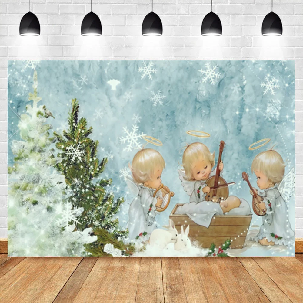 

Laeacco Winter Christmas Tree Snowflake Angel Baby Birthday Photography Backdrop Photographic Photo Background For Photo Studio