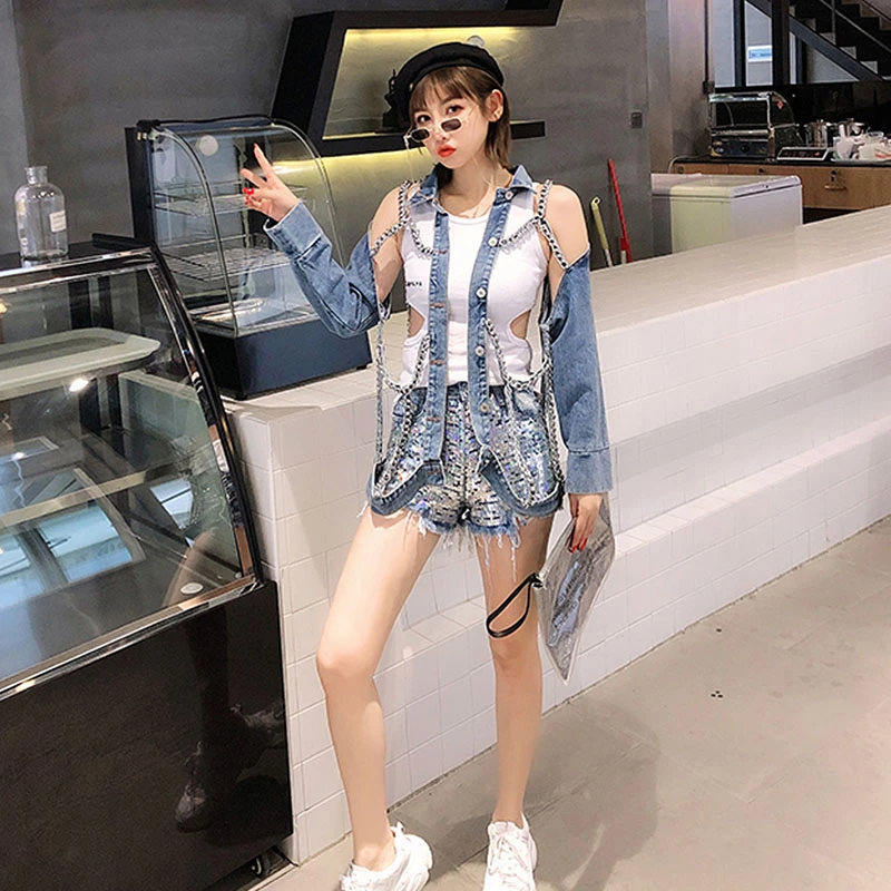 Женская джинсовая куртка с цепочкой весна-лето 2020 рваные джинсовые пальто