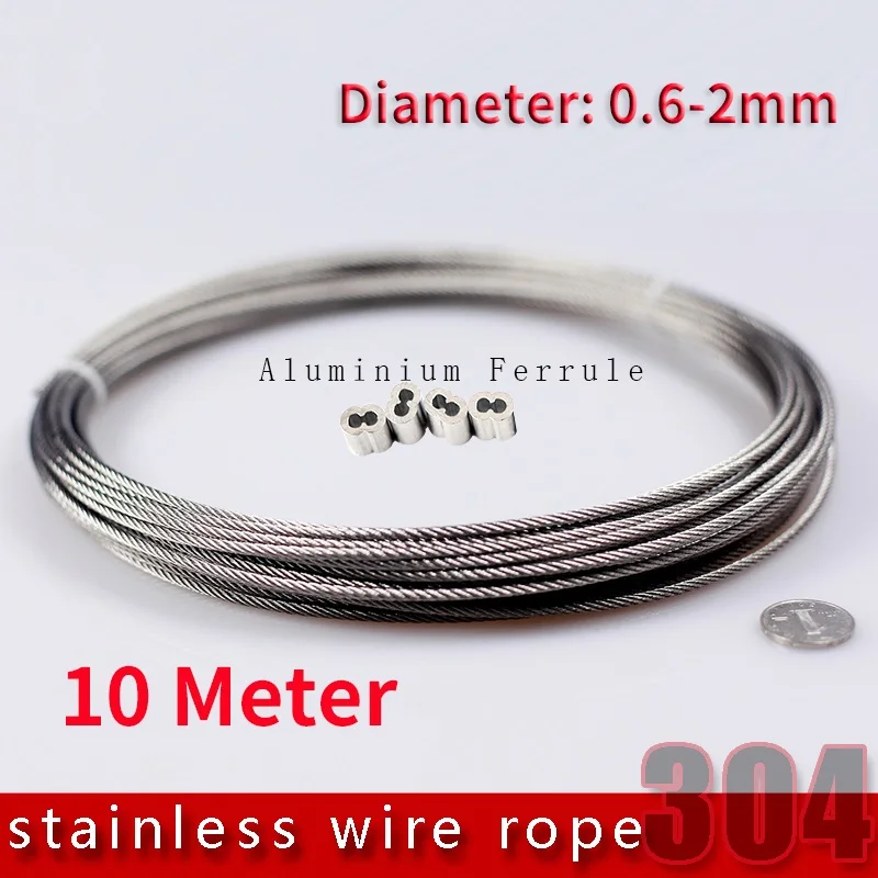 

10m 7*7 0.6mm 0.8mm 1mm 1.2mm 1.5mm 2mm 304 Stainless Steel Rope wire rope Clothesline Soft Fishing Lifting Cable