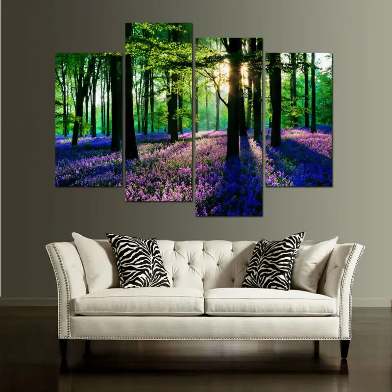 

Modern Landscape Art Wall Poster Hd Canvas Painting Forest Sunshine Lavender Painting Decoration Bedroom Mural 4 Piece Frameless