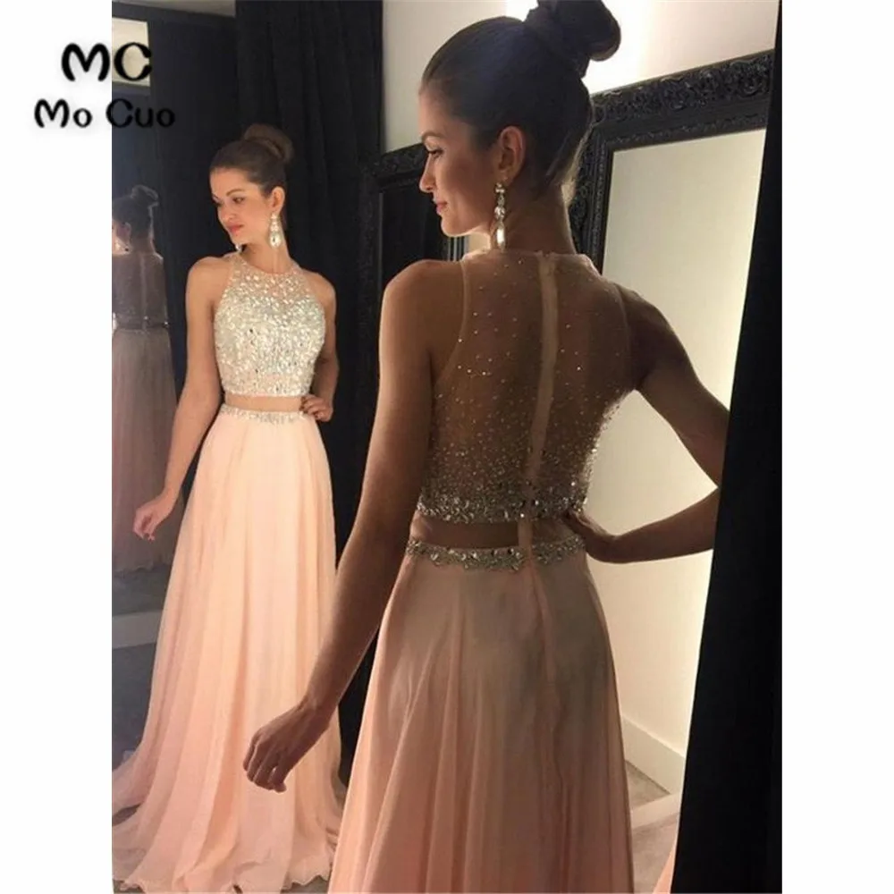 

See Though Illusion Evening Dresses Long Crystal Beads Robe de soiree vestidos de fiesta Chiffon Evening Prom Pageant Dress