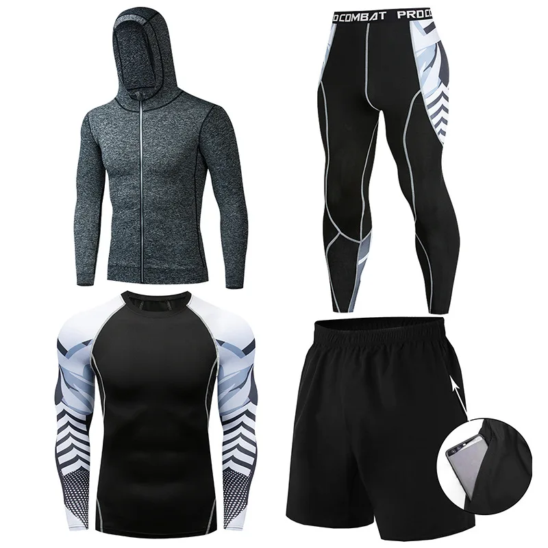 

2021 fitness suit men's fitness sports running fast dry clothes, basketball tight spring and autumn training clothes 4-piece set