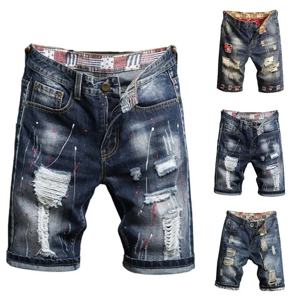 

Male Ripped Straight Denim Shorts Summer Holiday Casual Button Jeans