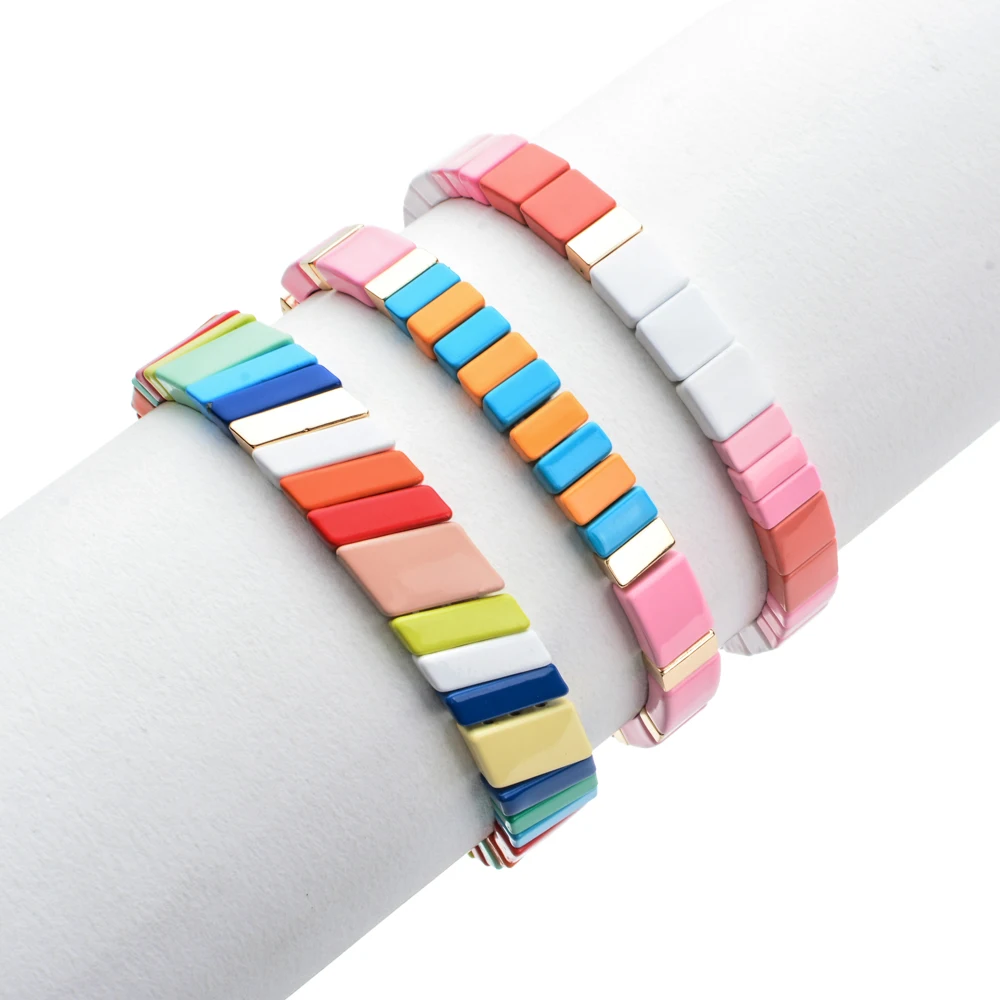 Новая мода эмаль бусины цвета радуги браслет геометрические прямоугольные яркие
