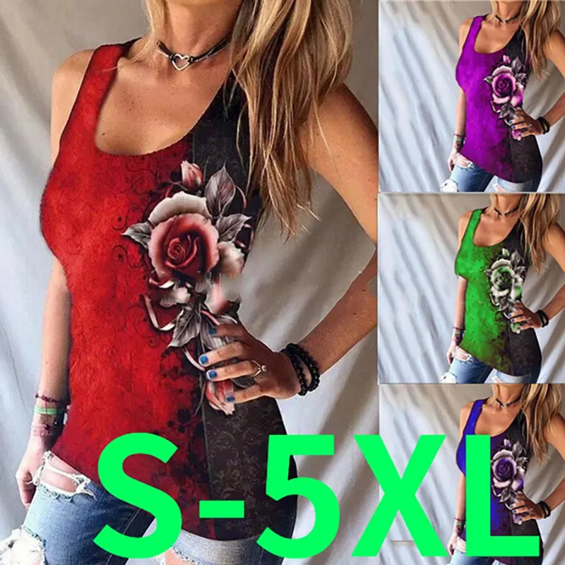 

Women's New Vest Summer Fashion Sleeveless Pullover Slim Rose Flower Printed T-shirt Sexy Vest Plus Size Clothing