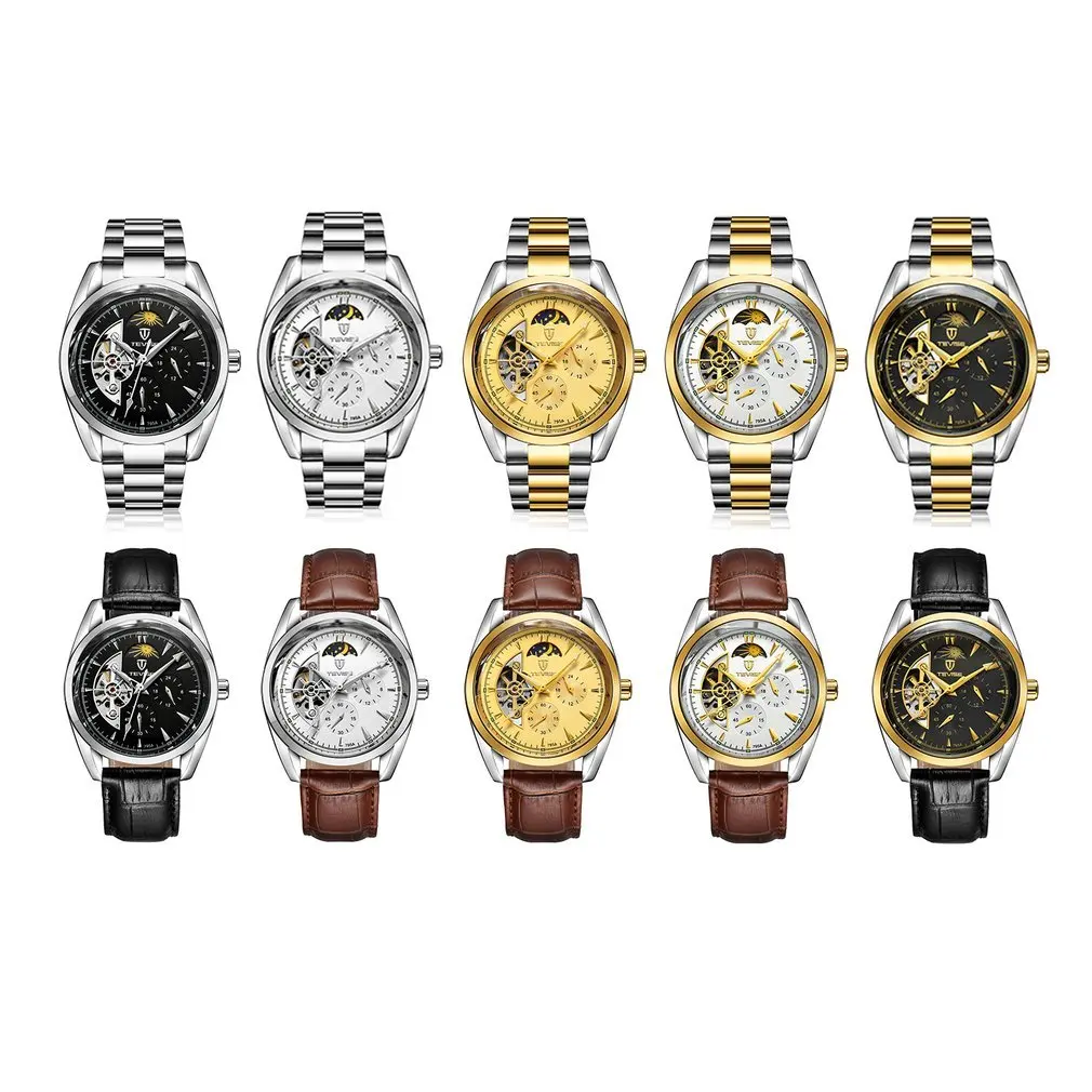 Мужские часы TEVISE с автоматическим кожаным ремешком и турбийоном роскошные