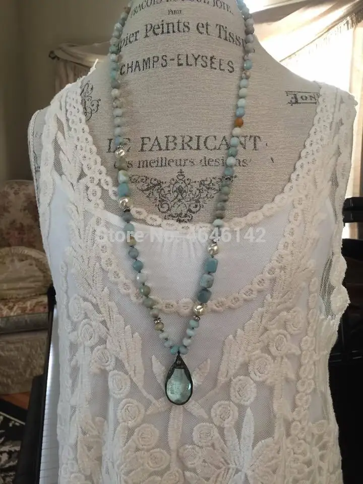Boho Knot Amazonite Bead And Nugget Pearl Long Necklace With Big Pendant