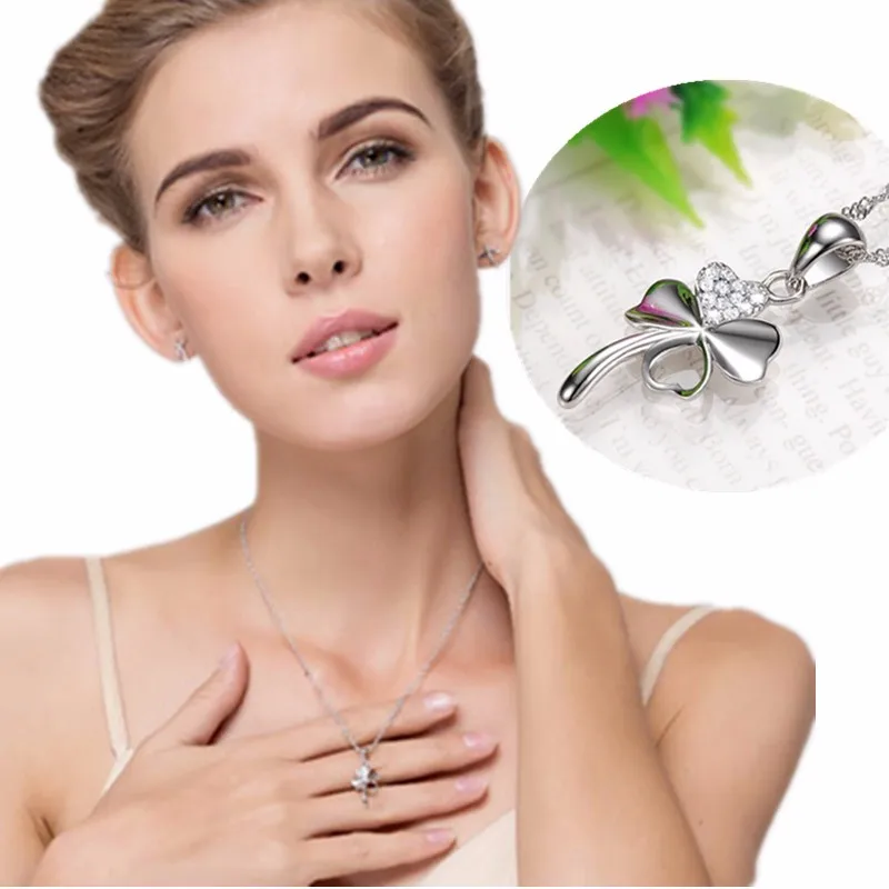 

New Women's Fashion Jewelry Zircon Diamond 925 Sterling Silver Clover Pendant Neckle with Collarbone Chain