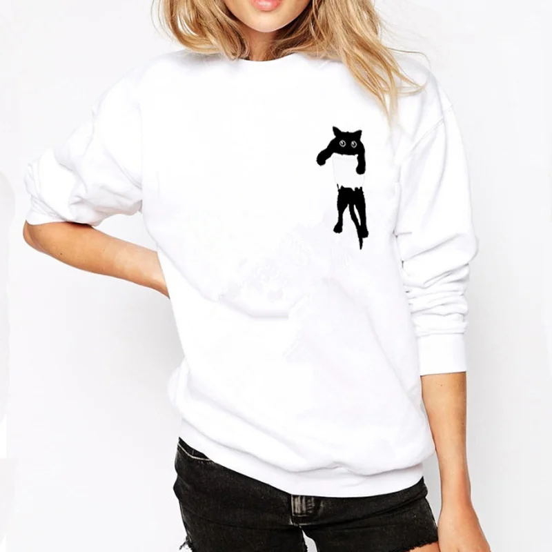 Women's New Top Printed Pocket Cat Large Loose Sweater Women