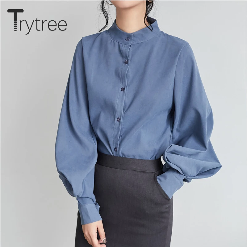 

Trytree 2020 Весенняя женская Повседневная Блузка с воротником-стойкой однобортная однотонная блузка 3 цветов с рукавами-фонариками свободная О...
