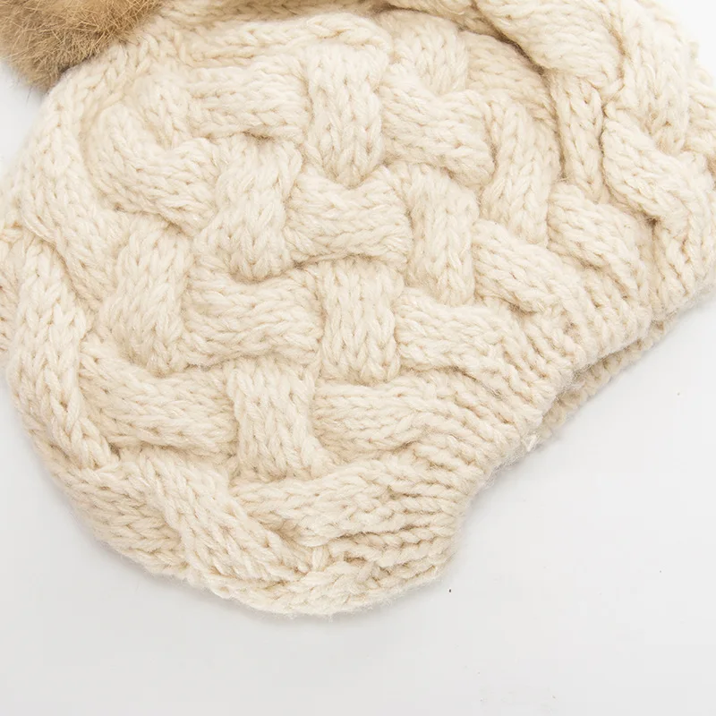 

Women's Beret Hat Winter Knitted Acrylic Double Layer Solid Color Berets with Faux Fur Pompom Autumn Warm Ladies Beanies Hat