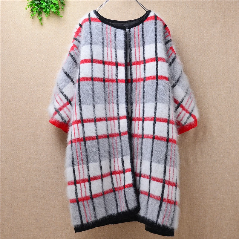 Женское кашемировое пальто в клетку зимнее из шерсти Ангорского Кролика с