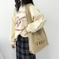 women lamb like fabric tote shoulder bags cheese embroidery soft plush canvas female large fluffy shopping book bag