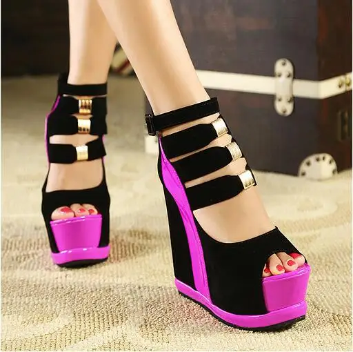 

Woman Shoes 2020 Summer Genuine Women Platform Thick Soles Sandals Wedges High heel 14cm Peep Toe Mixed Colors Sexy Shoes