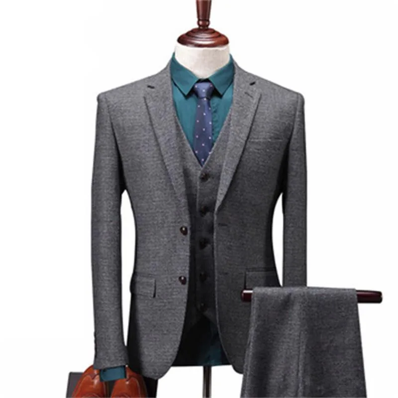

Grey Business Men Suits Slim Fit Tweed Check Notch Lapel Jacket Wedding Tuxedos Groom Suit Fit Tuxedos Prom Jacket Vest Pants