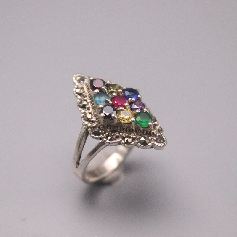 

New Craft S925 Sterling Silver Ring Women Colorful Chalcedony Rhombus Shaped Ring 22mmW US7