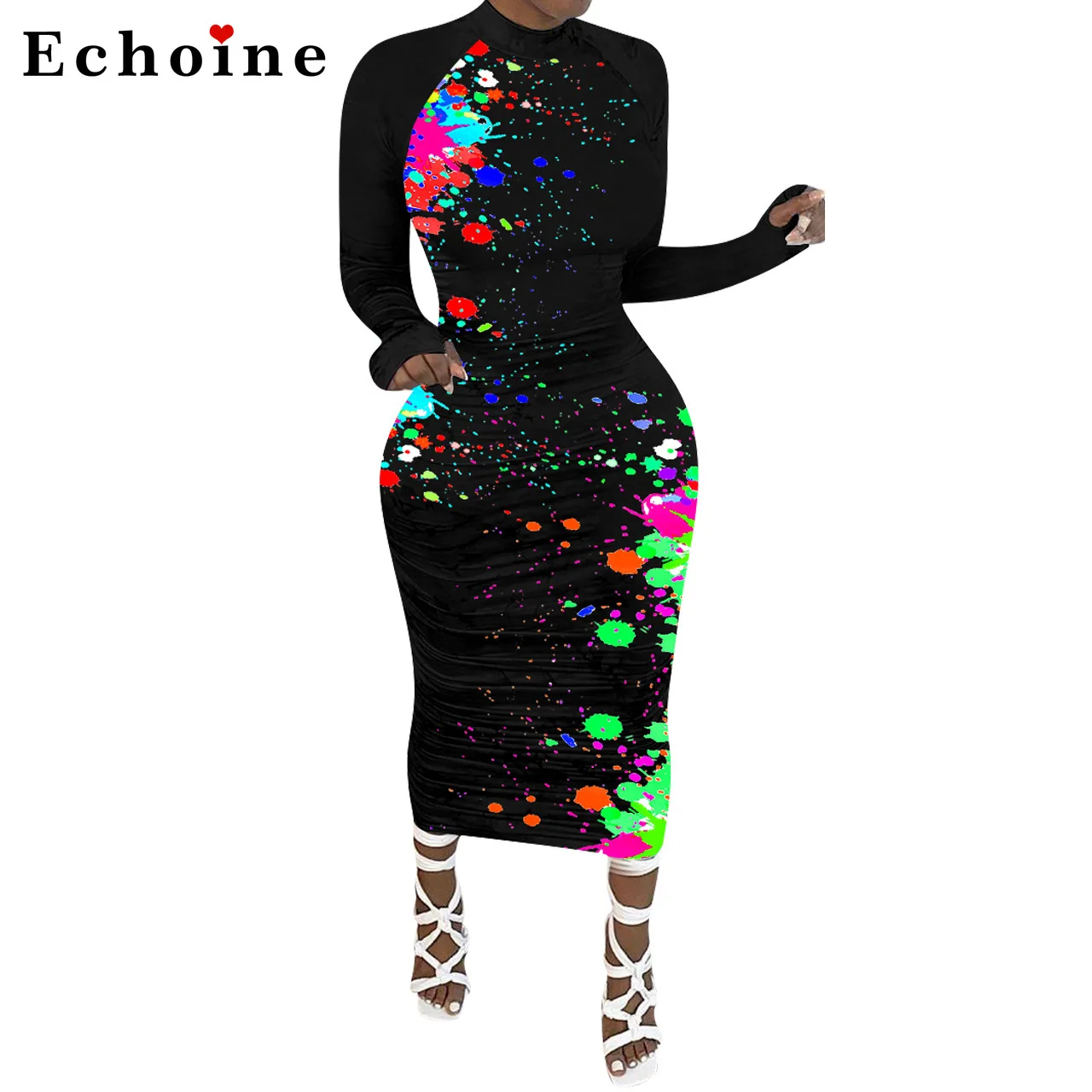 Женское платье в горошек с длинным рукавом и принтом граффити повседневная