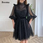 Booma черная мини-Выпускные платья с высоким воротом средней длины с рукавами-фонариками; С кристаллами фатиновые платья для выпускного вечера с поясом длиной выше колена Формальные Вечерние платья