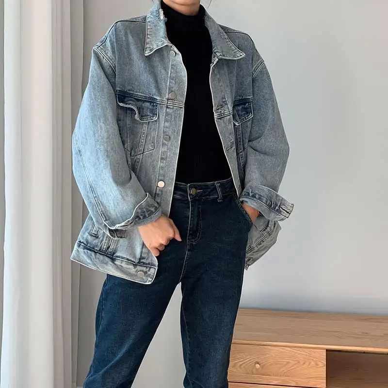 Женская джинсовая куртка в стиле ретро большого размера с отложным воротником