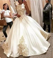 shwaepepty vintage arabic dubai white ball gown weding dress with gold lace appliques sleeveless jewel neck long bridal dresses