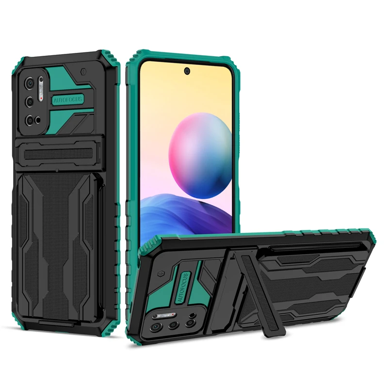 

Armor Shockproof Card Slot Phone Case For Xiaomi Redmi Note 10 9 Pro Max 9S 9T Mi 11 Lite POCO X3 M3 Pro Kickstand Holder Cover