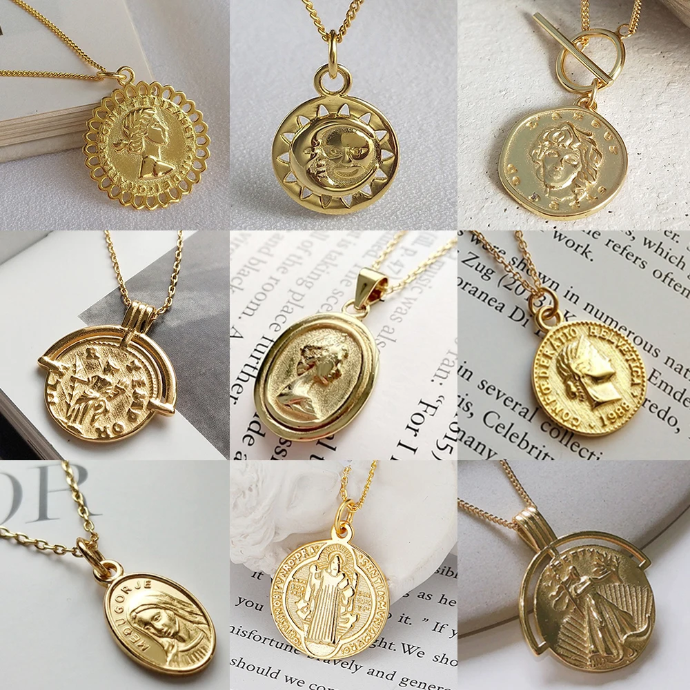 Portrait Gold Medallion Round Coin Pendant Choker Necklace Large Disc Necklace S925 Silver Personalized Necklace Boho Jewelry