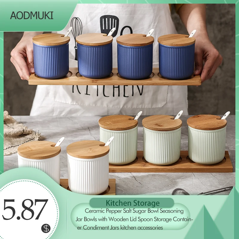 

Ceramic Pepper Salt Sugar Bowl Seasoning Jar Bowls with Wooden Lid Spoon Storage Container Condiment Jars Kitchen Accessories