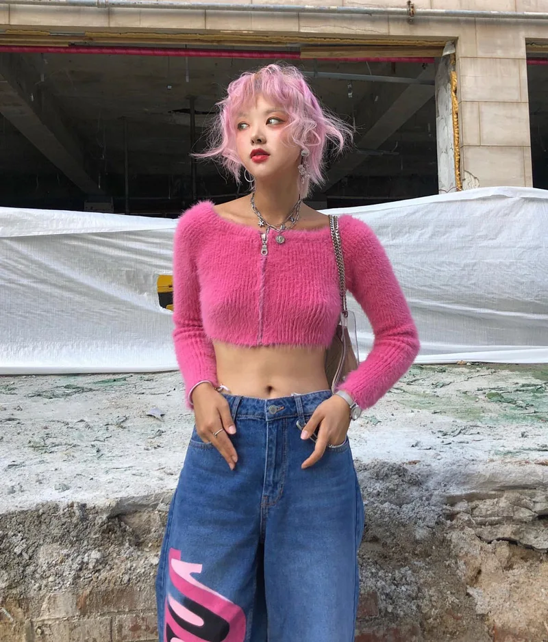Вязаный кардиган свитер осень 2020 Розовый Пушистый Тонкий вязаный короткий топ с