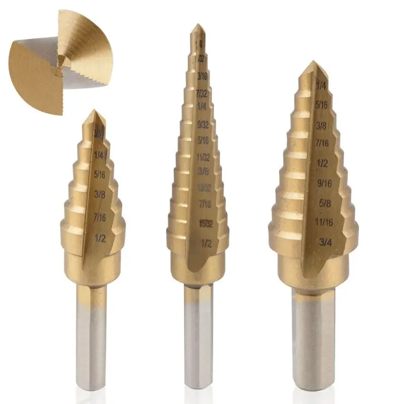 

Titanium Step Drill Bit Set High Speed Steel | 3-Piece Set | Total 28 Sizes