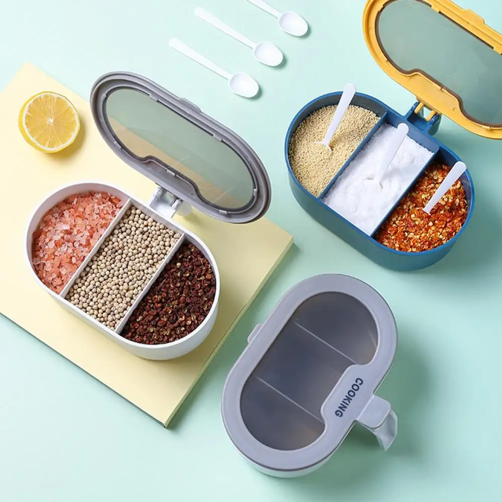 

3 Grids Spice Case/Jar Large Capacity Plastic Transparent Lid Convenient Seasoning Container Spice Box Kitchen Tools