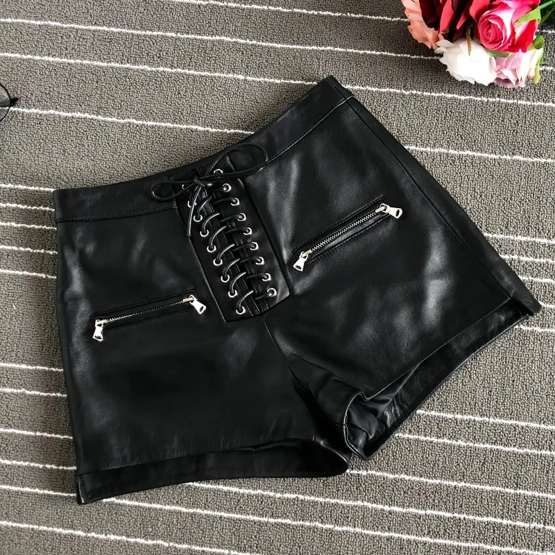 Streetwear Black Sheepskin Real Leather Shorts Women Punk Biker Shorts New Fashion High Waist Lace Up Wide Leg Shorts