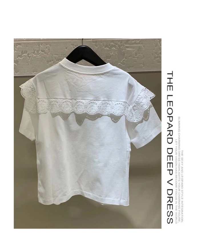 

Women Striped Embroidered Lace Patchwork Top Short-Sleeved White T-shirt Female New Round Neck Thin Clothing