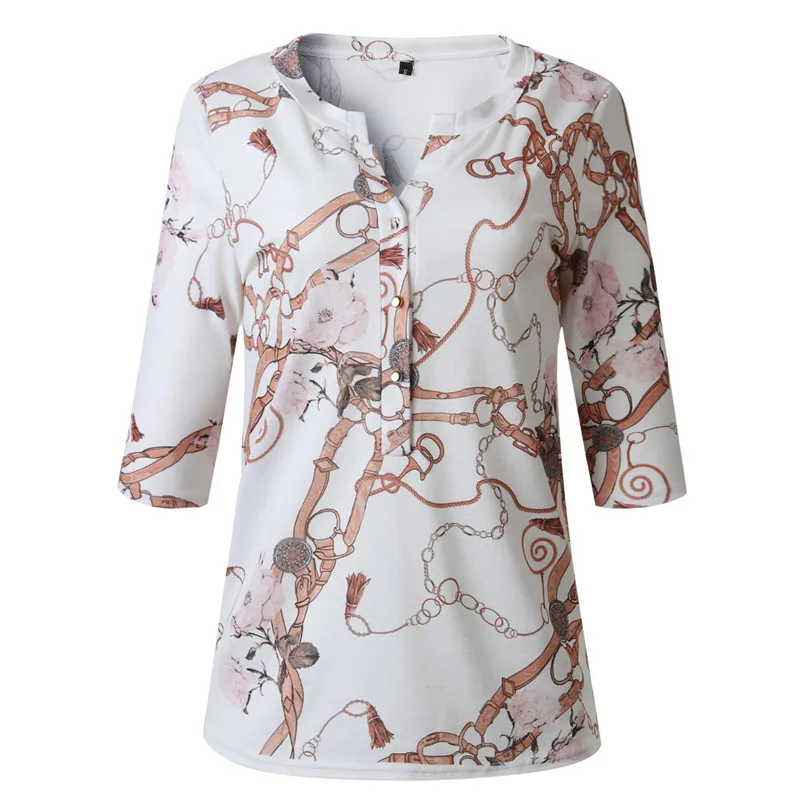 Half Sleeve White Осенние женские рубашки, блузка с буквенным принтом, Модные Белые блузы на пуговицах с v-образным вырезом, повседневные топы, рубашки с коротким рукавом, блузы - Цвет: Half Sleeve White