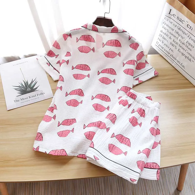 Summer New Ladies Korean Style Pajamas Set Comfort Gauze Cotton Women Loose Sleepwear Set Turn-down Collar Casual Wear Home-wear
