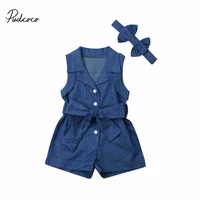 pudcoco england style romper for toddler baby girl denim jumpsuit 2pcs kids sleeveless jumper with bow belt outfit clothes